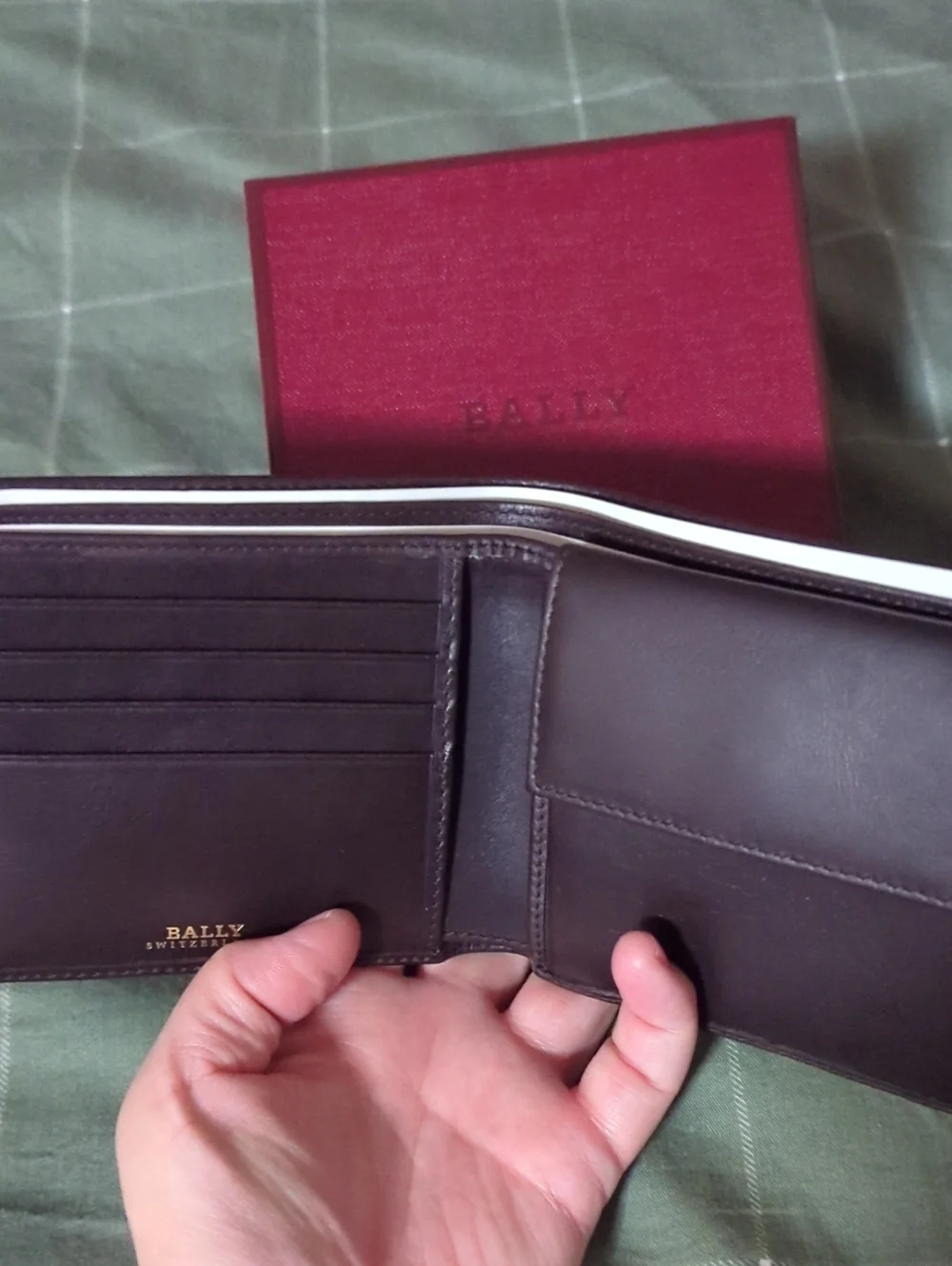 Dark Brown Leather Bifold Wallet with Red & White Stripe Accent